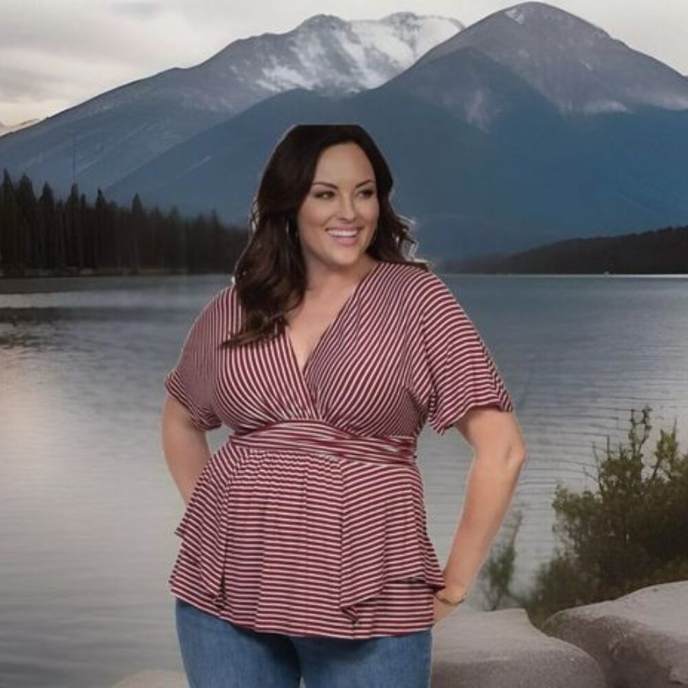 Kiyonna Top Promenade Style 1X Maroon Red White Stripes Flutter Sleeves V Neck